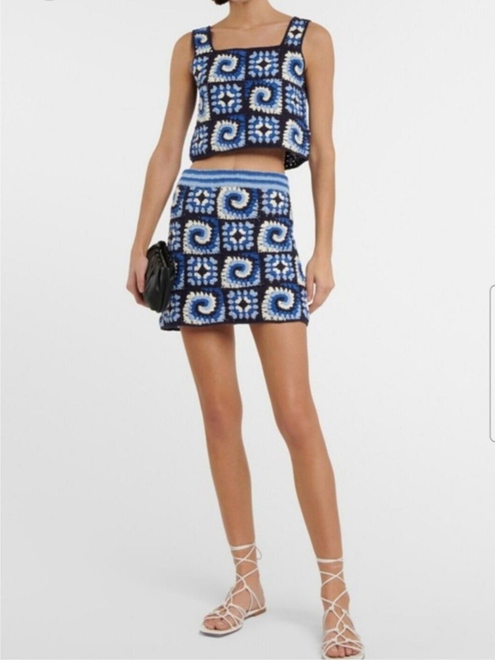 STAUD Brazing Cotton Crochet Granny Square Mini Skirt in Acid Cobalt Blue XS